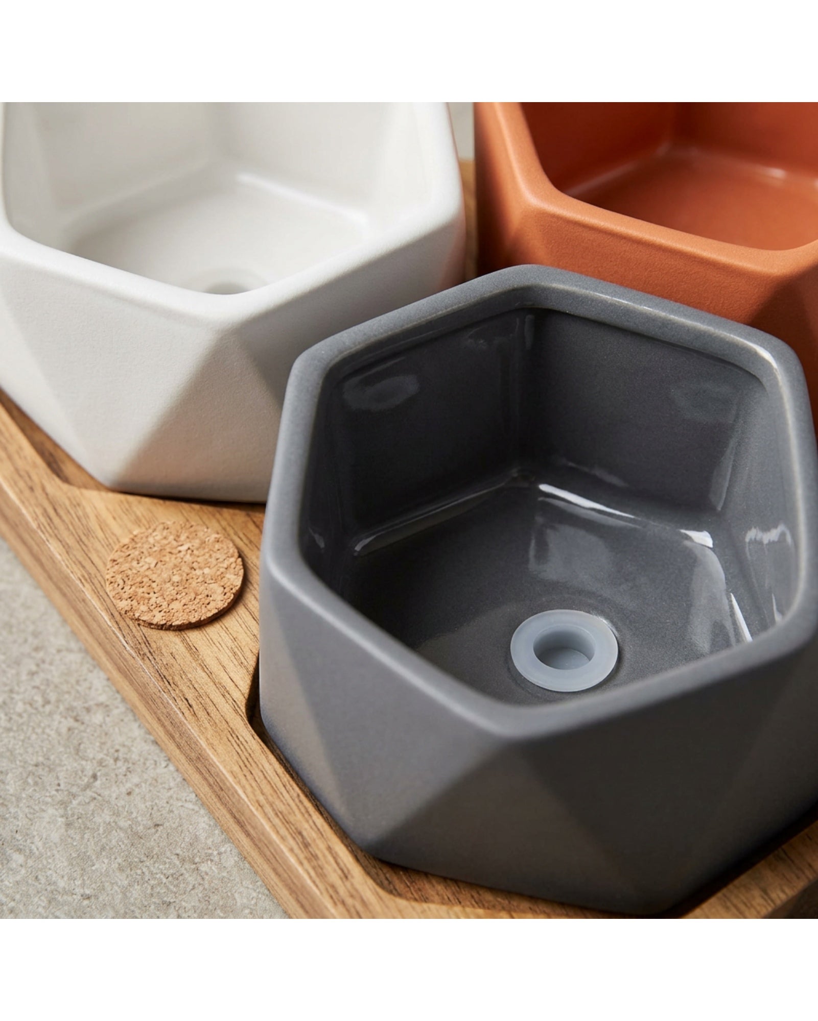 Wfbxw Hexagonal Mini Ceramic Planter Set of 3 with Acacia Tray - Detail view