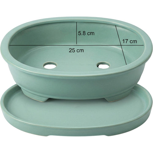 Wfbxw Oval Bonsai Ceramic Planter with Tray Seafoam - Product view