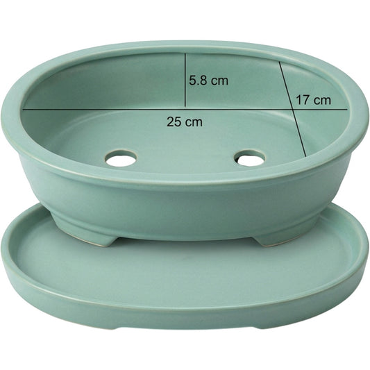 Wfbxw Oval Bonsai Ceramic Planter with Tray Seafoam - Product view